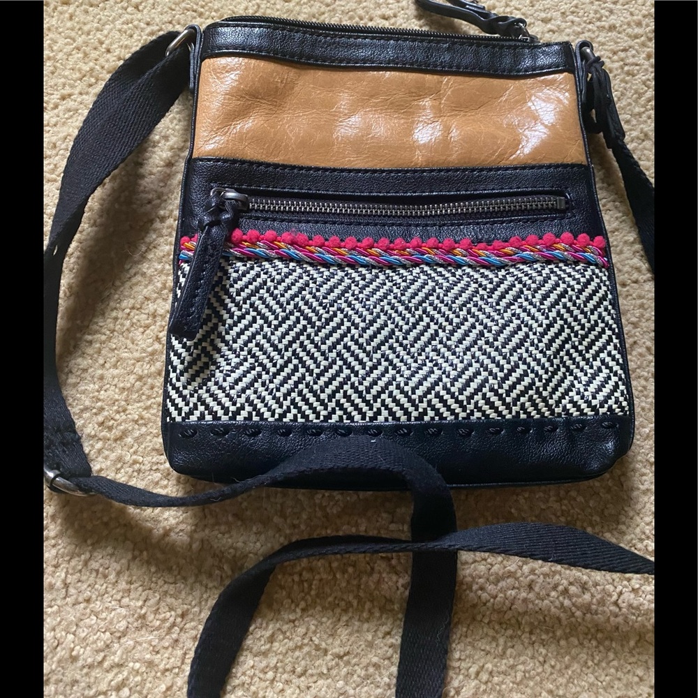 The Sak tan/black leather & woven crossbody bag